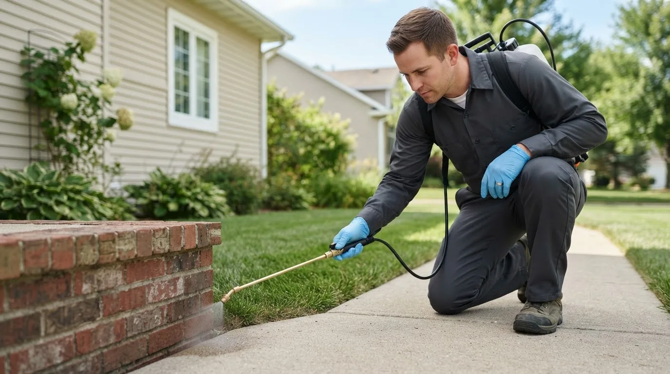 Pest control technician treating a home near Newell, IA