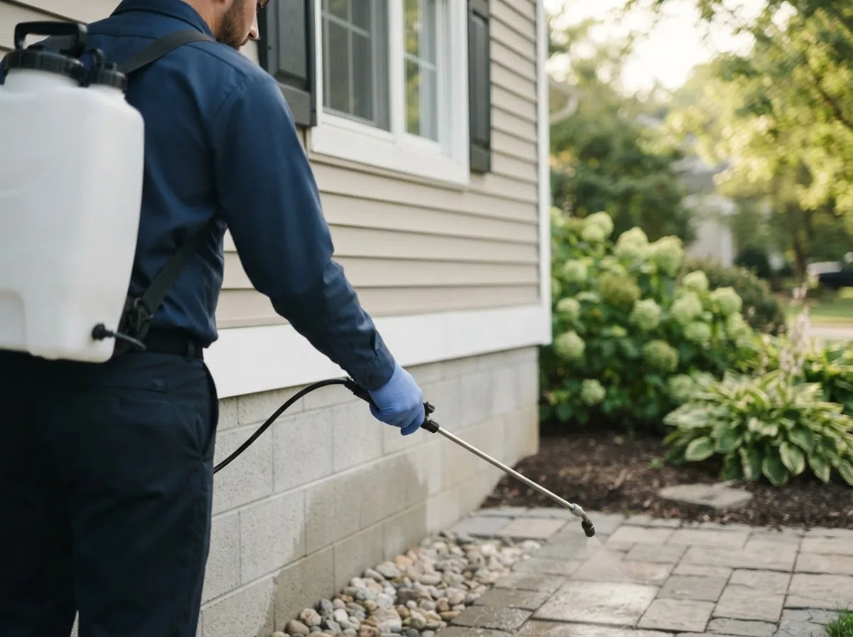 Pest control technician inspecting a home in Newell, IA